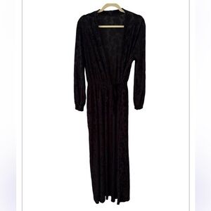 VTG Miss Elaine Black Burnout Velvet Rose  Embroidered Elastic Waist Tie Robe M